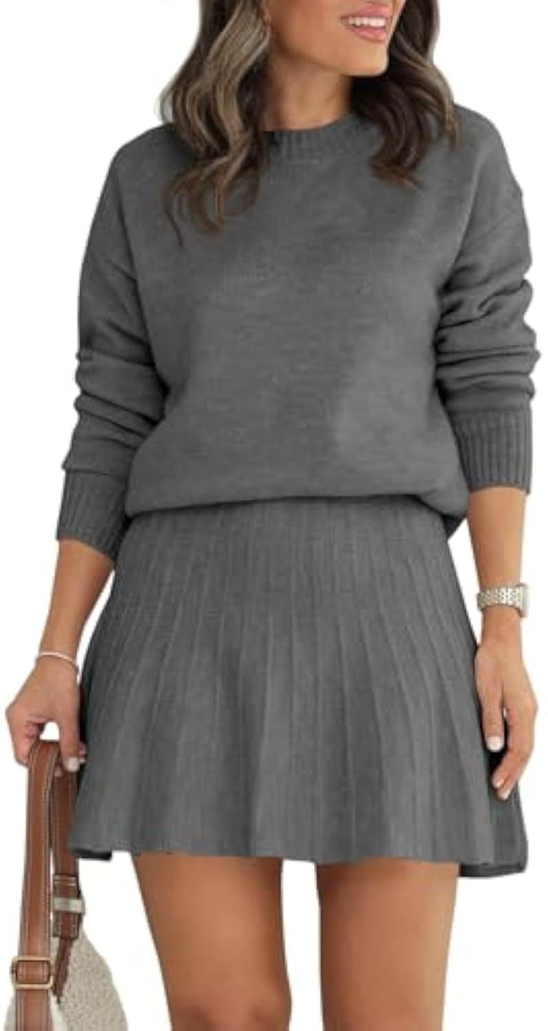 Damen Zweiteiliges Strick-Set mit Rundhals-Pullover und Plissée-Minirock – Élanora