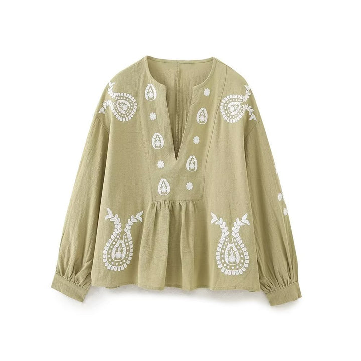 Damen nan bestickte Tunika-Bluse mit Paisley-Stickereien, V-Ausschnitt und voluminösen Ballonärmeln Echo Archiv