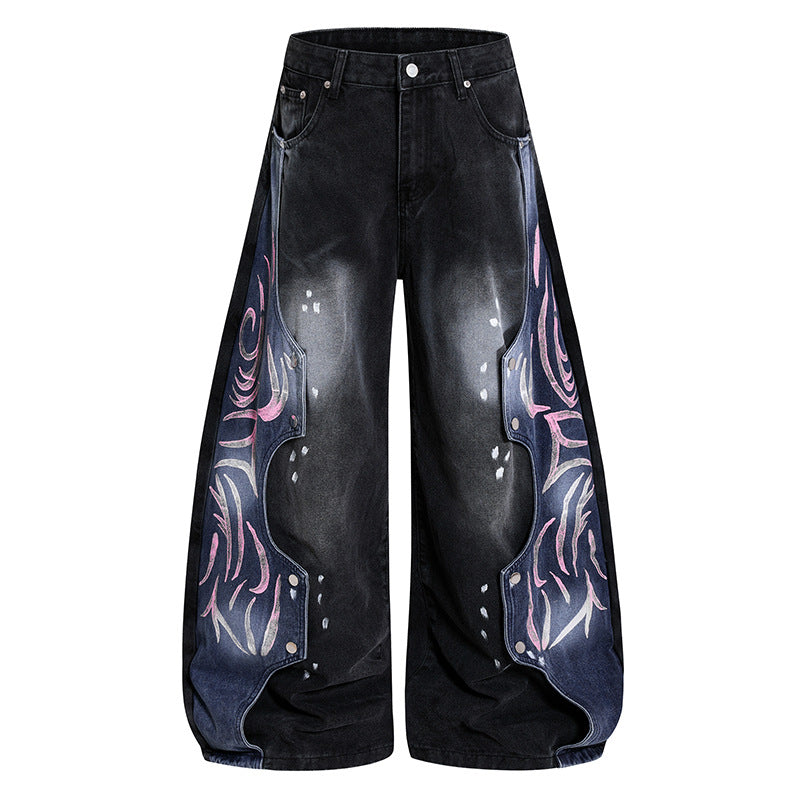 Damen High‑Waist weite Balloon‑Denim‑Culotte mit kontrastseitigen Artwork‑Paneelen Echoarchiv