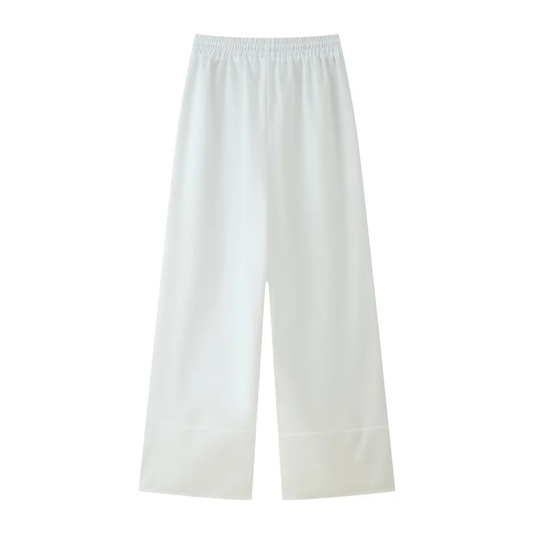 Damen leichte Culotte-Hose mit hohem Elastikbund, verstellbarem Kordelzug, Eingrifftaschen und besticktem Saum – Avélisse