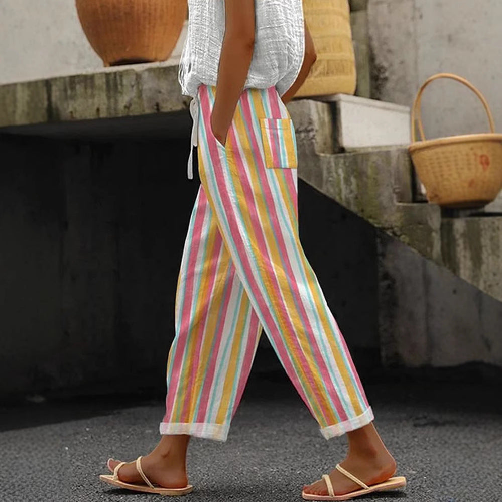 Damen Weite Leinenhose mit handgewebtem Muster Echoarchiv