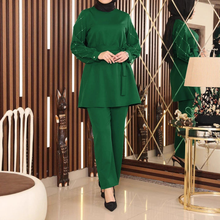 Damen Elegantes zweiteiliges Tunika-Set mit Taillengürtel und Zierärmeln – Élanora