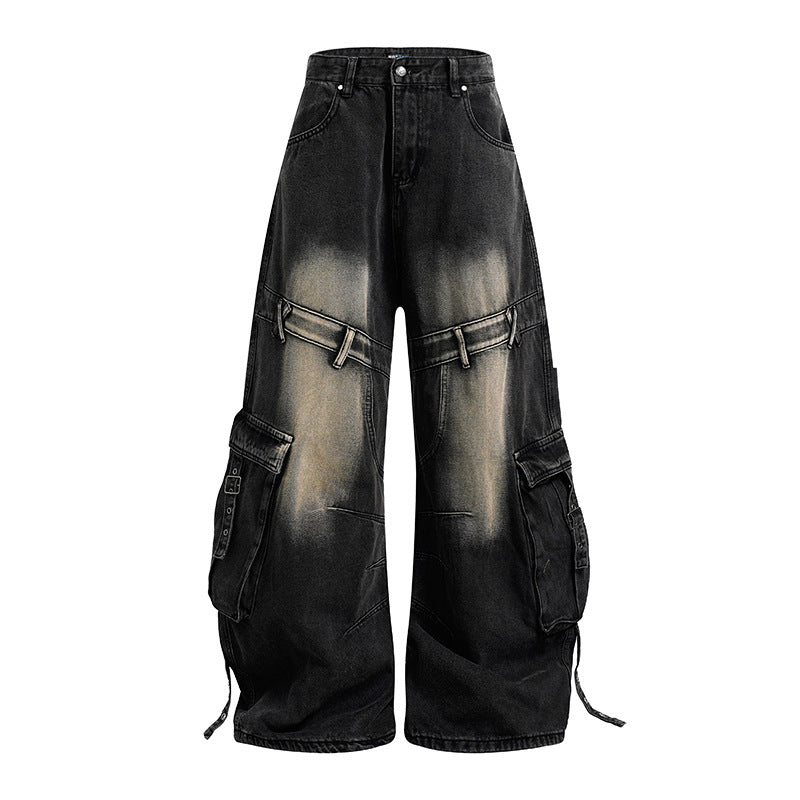Damen weite Denim-Cargo-Culottehose mit hoher Taille und Multifunktionstaschen Echoarchiv
