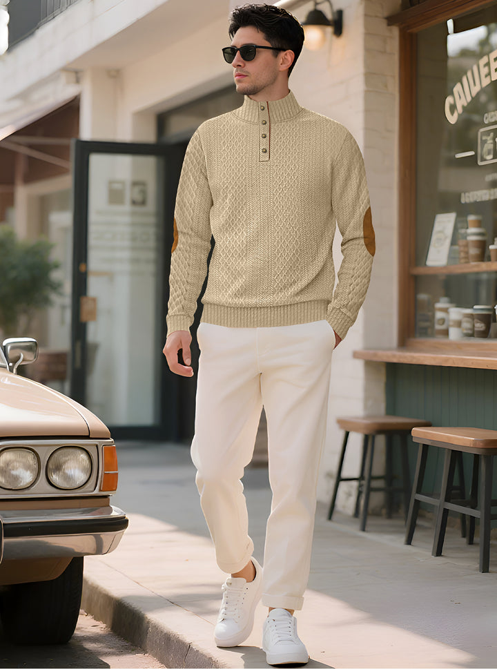 Herren nan edler Knopfsweater im Zopfmuster mit hohem Stehkragen und Wildleder-Ellenbogenpatches Echo Archiv