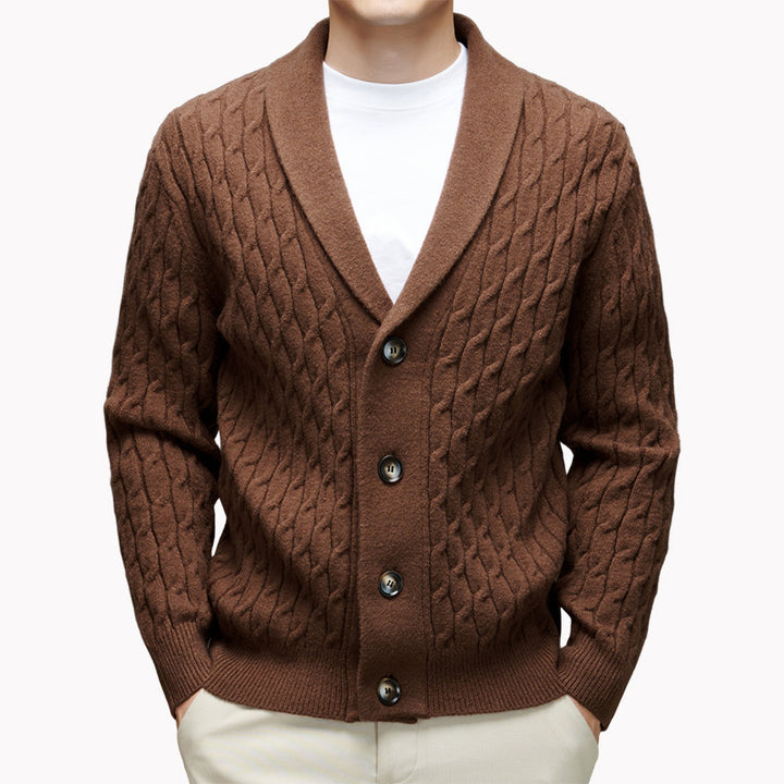 Herren Strickjacke mit modernem Kabelmuster und elegantem Kragen Echoarchiv