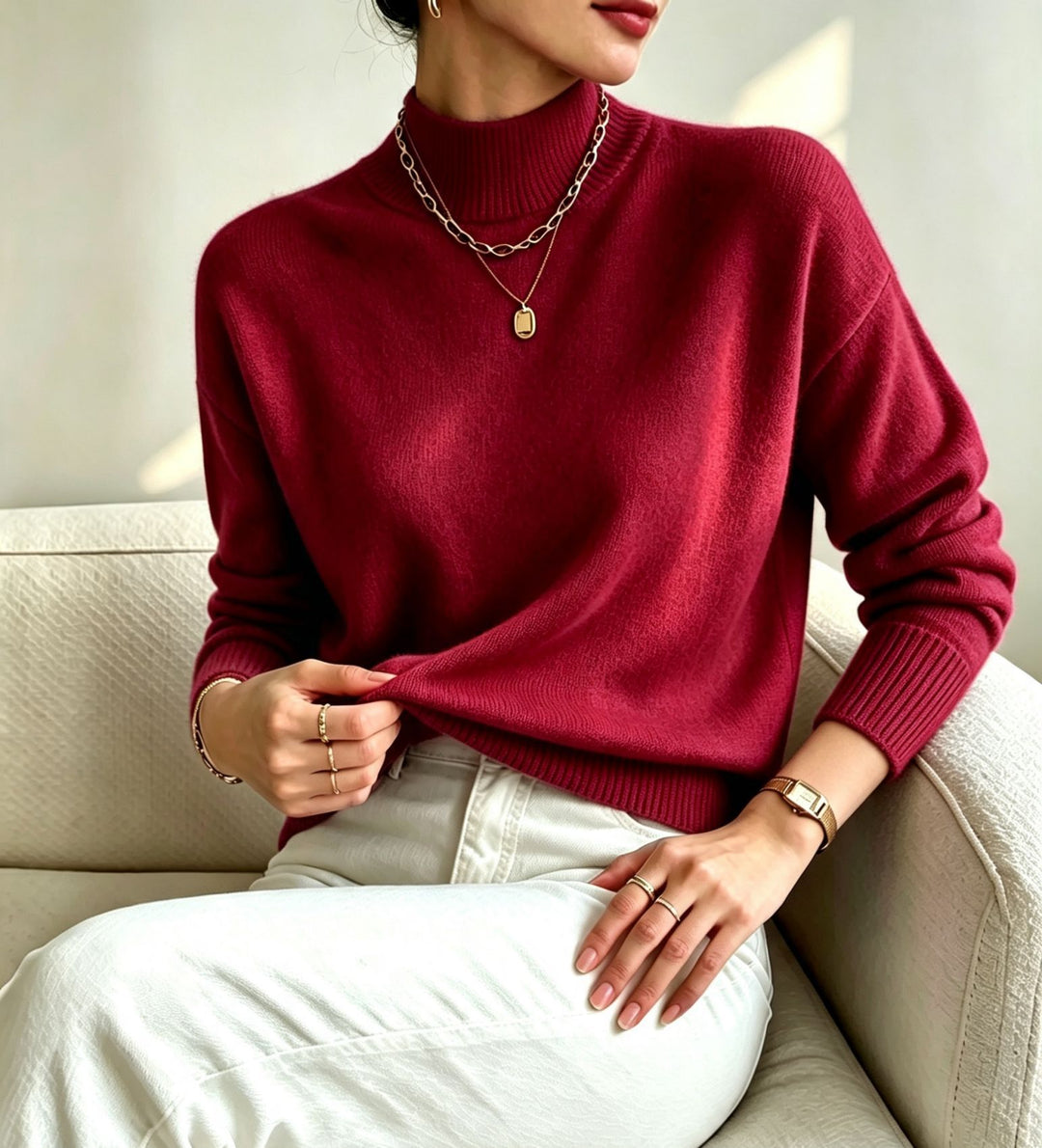 Damen kuscheliger Feinstrickpullover mit Stehkragen und überschnittener Schulter – Mavelle