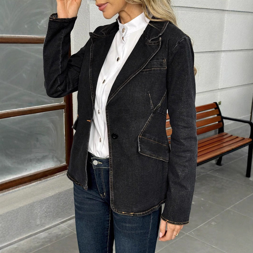 Damen taillierter Denim-Blazer mit Ziernähten und Pattentaschen Echo Archiv