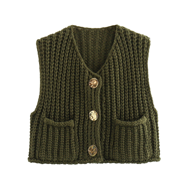 Damen Kurzgeschnittene Ärmellose Strickweste mit V-Ausschnitt und Zierknöpfen – Veloura