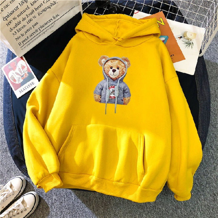Unisex lässiger Oversize Kapuzenpullover mit Teddy-Frontprint, Kängurutasche und weichem Fleece-Innenfutter – Auréline