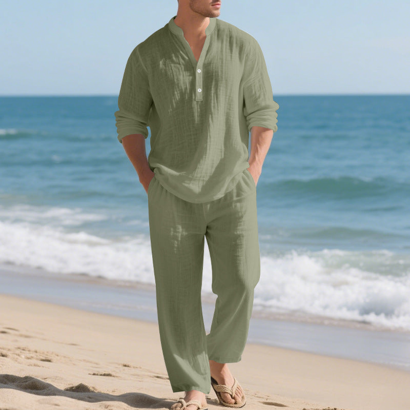 Herren komfortables Homewear-Set mit eleganter Knopfleiste und langen Hosen Echoarchiv