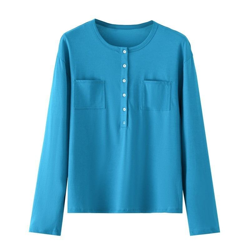 Damen Langarm-Henleyshirt aus Baumwollmix mit Rundhalsausschnitt, Brusttaschen und lockerer Passform Echo Archiv