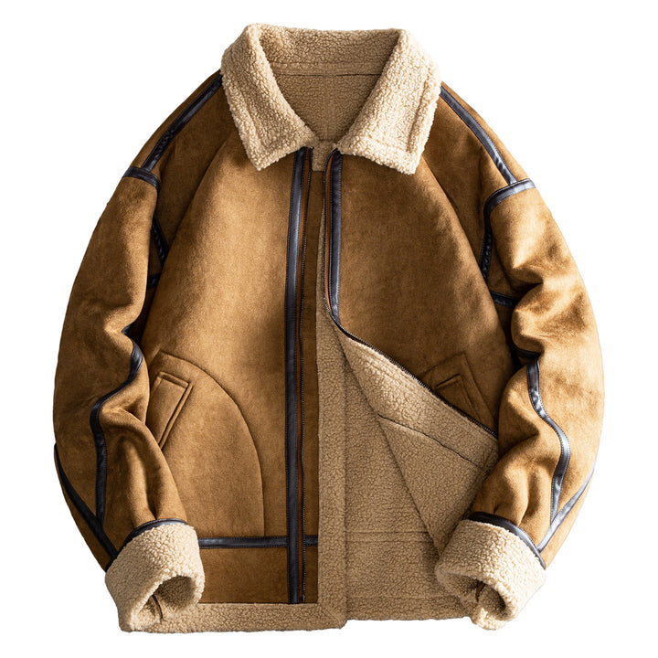 Men's shearling-style lined suede-effect bomber jacket with leather-effect seam trim – Brevano
