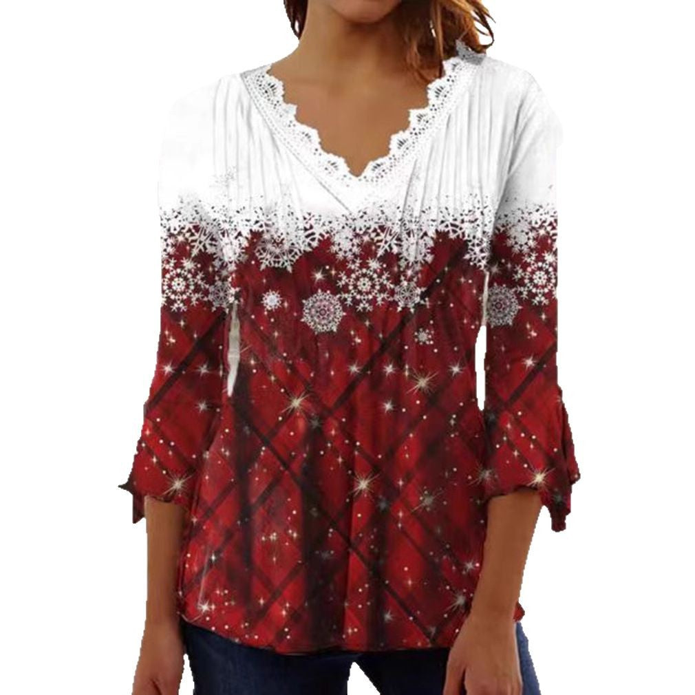 Damen nan Tunika-Bluse mit Spitzen-V-Ausschnitt, feiner Plissee-Passe und winterlichem Schneeflocken-Print Echo Archiv