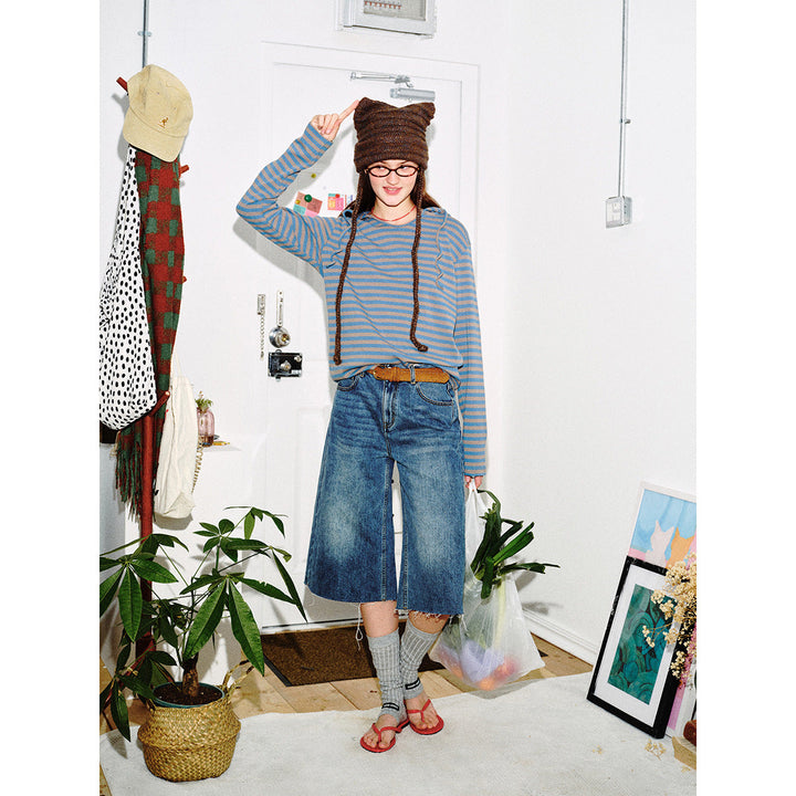 Damen Gestreiftes Langarm-Hoodie-Shirt mit V‑Ausschnitt und Kapuzenband Echoarchiv