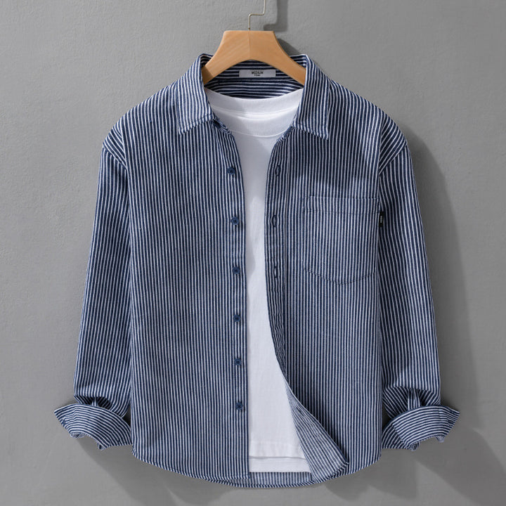 Herren Leichtes Nadelstreifen-Hemd im Layering-Overshirt-Stil mit Kentkragen und aufgesetzter Brusttasche Echoarchiv