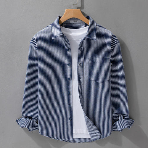 Herren Leichtes Nadelstreifen-Hemd im Layering-Overshirt-Stil mit Kentkragen und aufgesetzter Brusttasche Echoarchiv