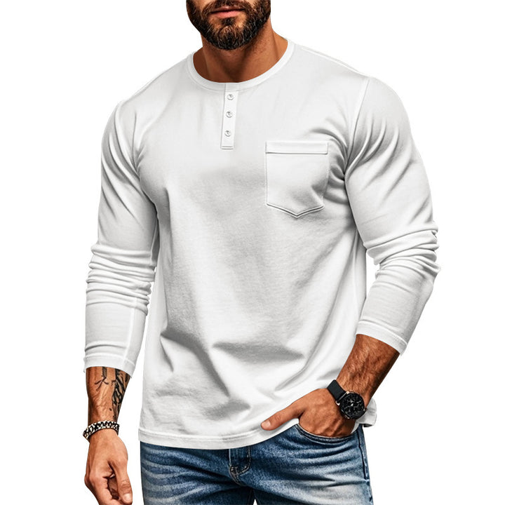 Herren langärmliges Henley-Shirt mit strukturierter Baumwolloberfläche und Brusttasche Echoarchiv
