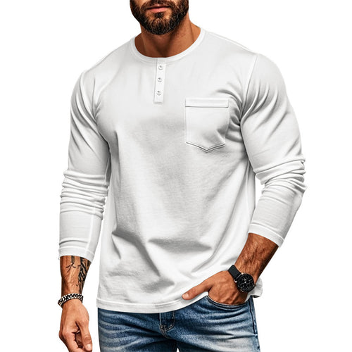 Herren langärmliges Henley-Shirt mit strukturierter Baumwolloberfläche und Brusttasche Echoarchiv