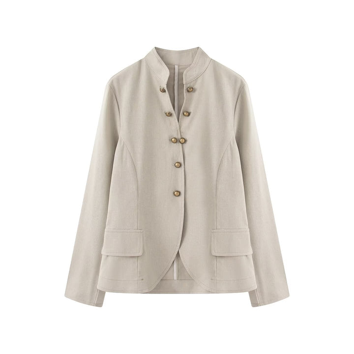 Damen Elegante Kurzjacke mit Stehkragen, Zierriegelknöpfen und Pattentaschen Echo Archiv