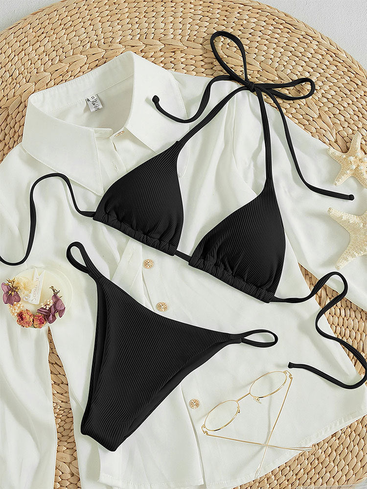 Damen Triangel-Bikini mit anpassbaren Bindebändern und modischem Ripp-Design Echo Archiv