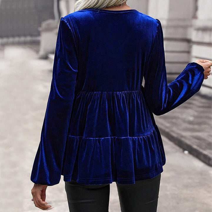 Damen samtiges Volant‑Peplum‑Top mit V‑Ausschnitt, geraffter Taille und langen Ballonärmeln – Avérine