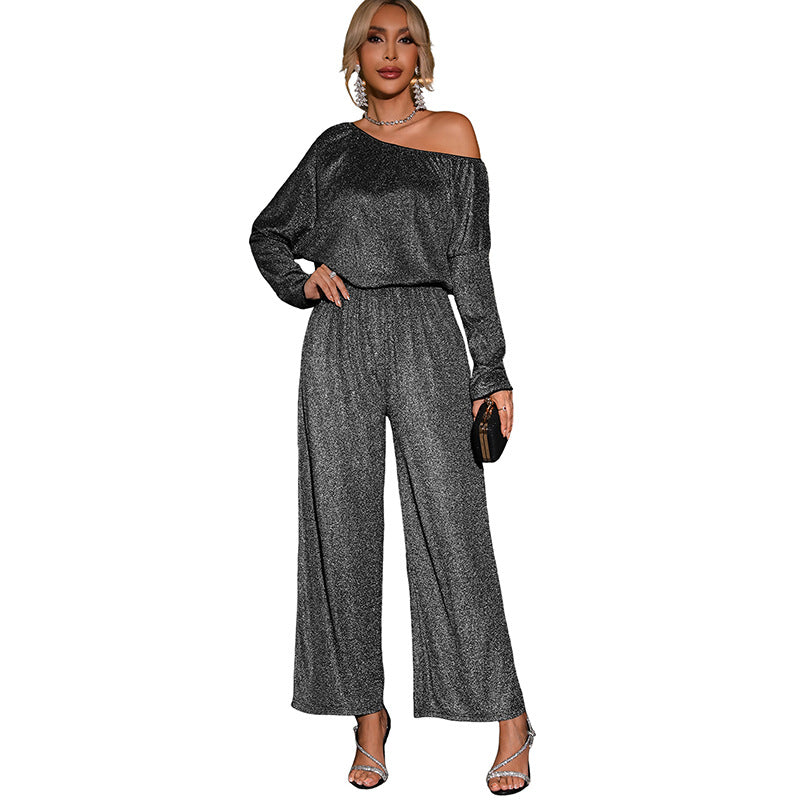 Damen Eleganter Glitzer-Einteiler mit One-Shoulder, weitem Hosenbein und tailliertem Gummibund Echoarchiv