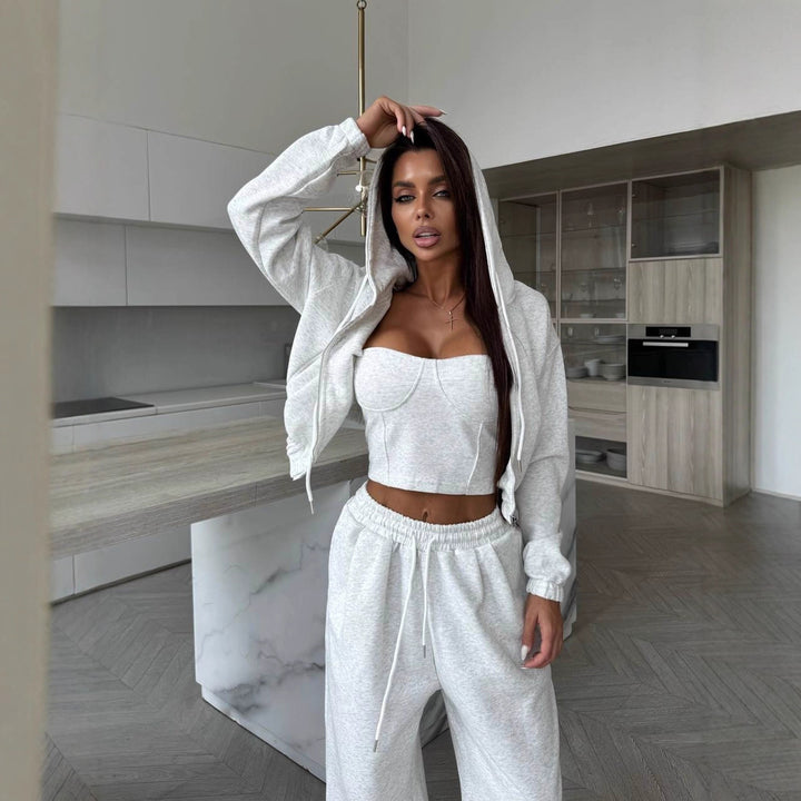 Damen Sculpting-Corsagen-Crop mit Kapuzen-Zipjacke und weiter High-Waist-Jogginghose – Avérine