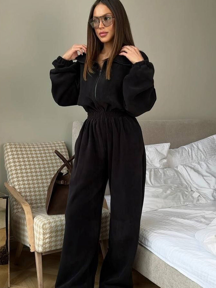 Damen kuscheliger Plüsch-Jumpsuit mit halbem Reißverschluss und elastischer Taille – Solévia