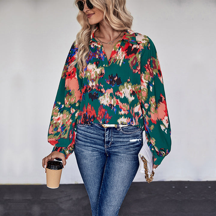 Damen Weites Blusenshirt mit Hemdkragen, abstraktem Print und Ballonärmeln Echoarchiv