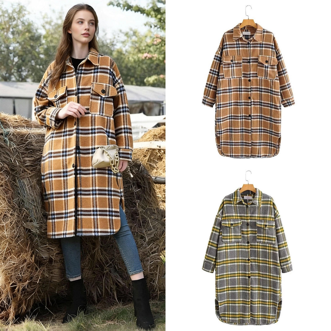Damen Oversize Karo-Hemdjacke im Longline-Cut mit aufgesetzten Brusttaschen Echo Archiv