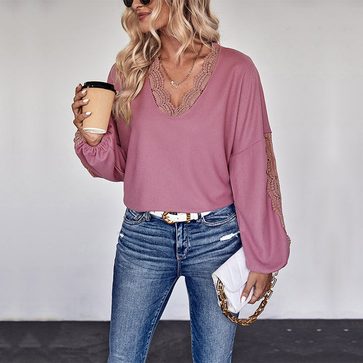 Damen Spitzenbesetzte V‑Ausschnitt-Bluse mit Ballonärmeln und Einsätzen Echoarchiv