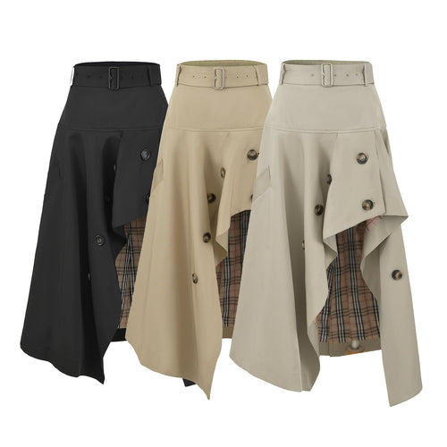 Damen Asymmetrischer Trench‑Rock mit Taillengürtel und dekorativen Knöpfen Echoarchiv