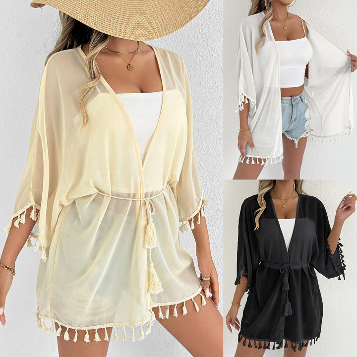 Damen eleganter Strandponcho mit Quasten Echo Archiv