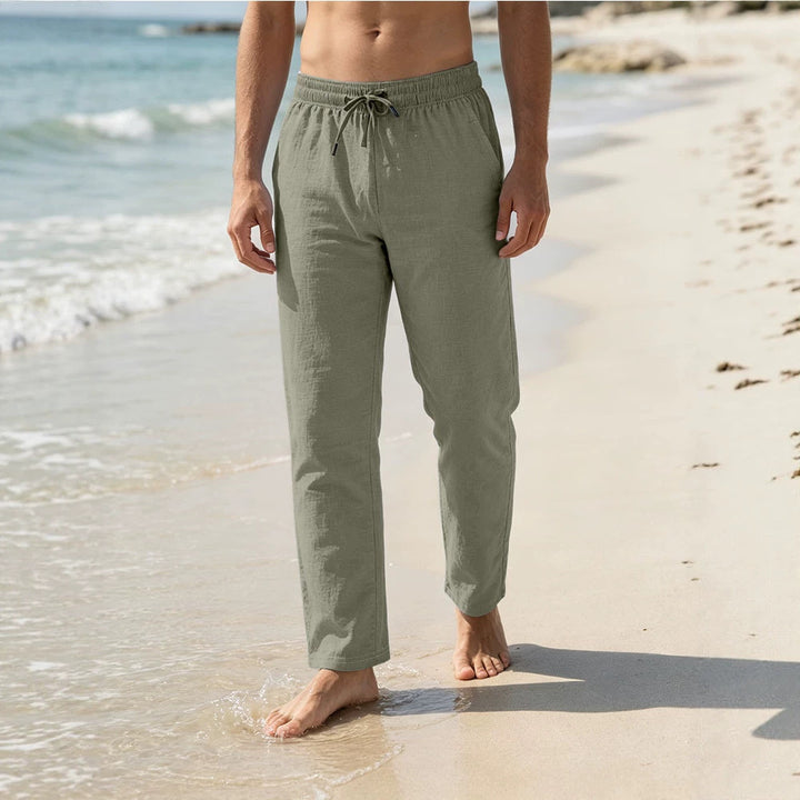 Herren Leichte Leinen-Baumwoll-Hose mit Tunnelzug, elastischem Bund und geradem Schnitt Echoarchiv