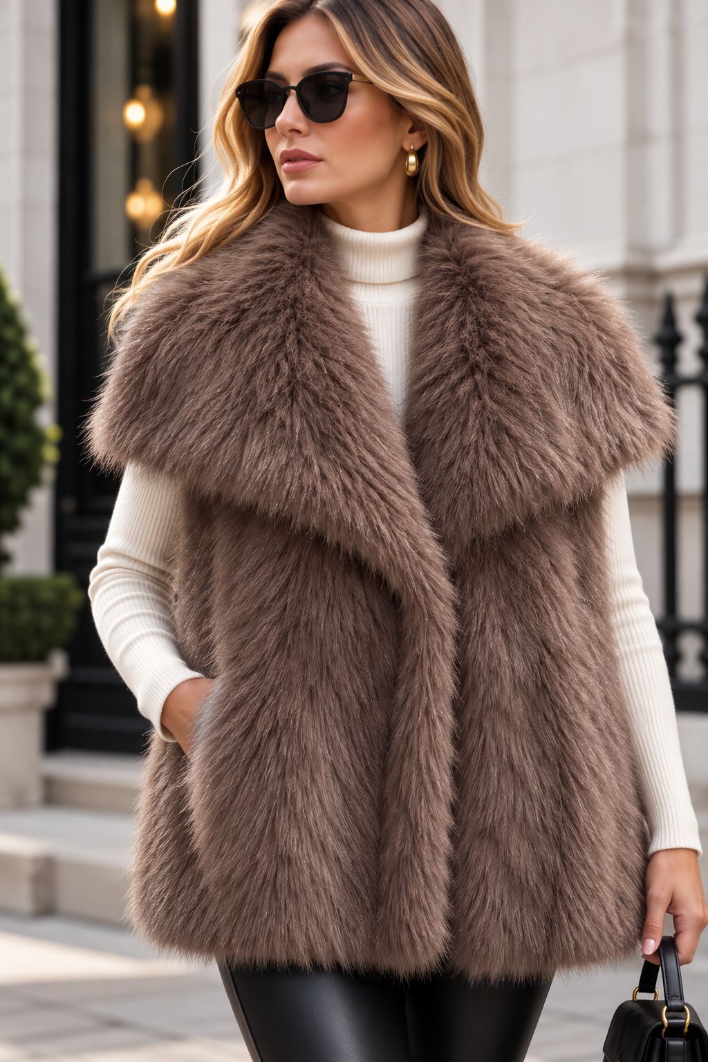Damen Ärmellose Hochflor‑Kunstfellweste mit voluminösem Schalkragen und Eingrifftaschen Echo Archiv
