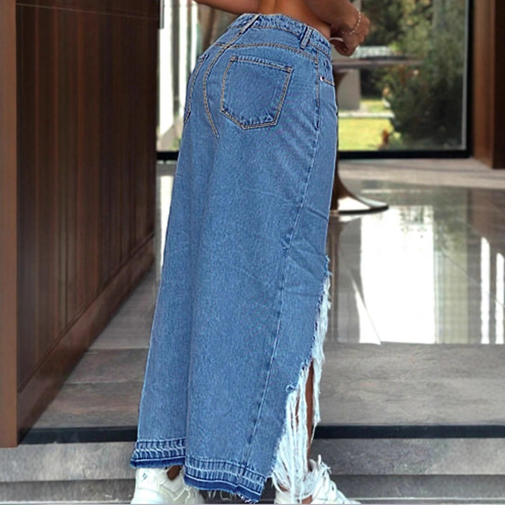 Damen Hochgeschnittener Denim-Midirock mit tiefem Vorderbeinschlitz, Destroyed-Detail und rohem Fransen-Saum Echo Archiv