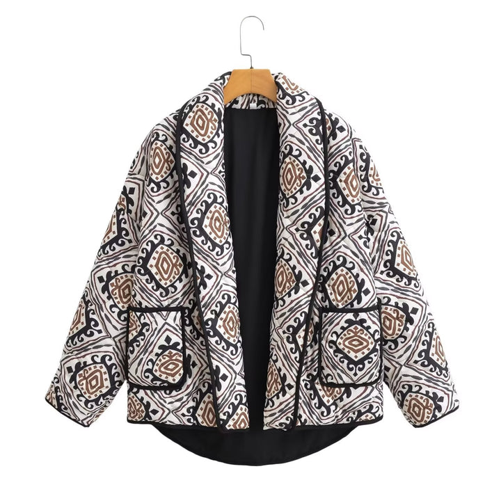 Damen Gepolsterte Kimono-Steppjacke mit Ethno-Print und Kontrastpaspeln Echo Archiv