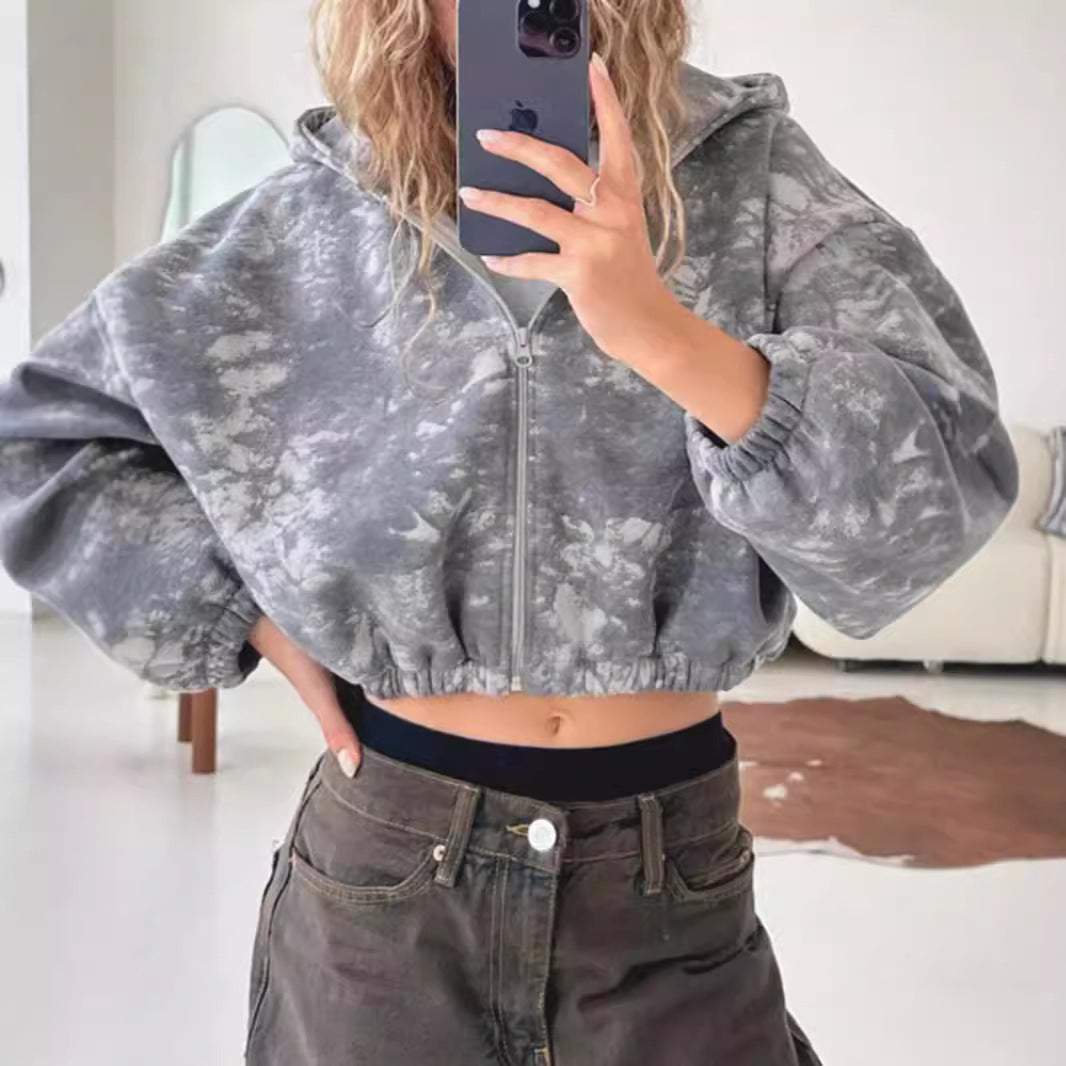 Damen kurzes Zip-Hoodie mit Used-Effekt, Kapuze und elastischem Saum – Auréline