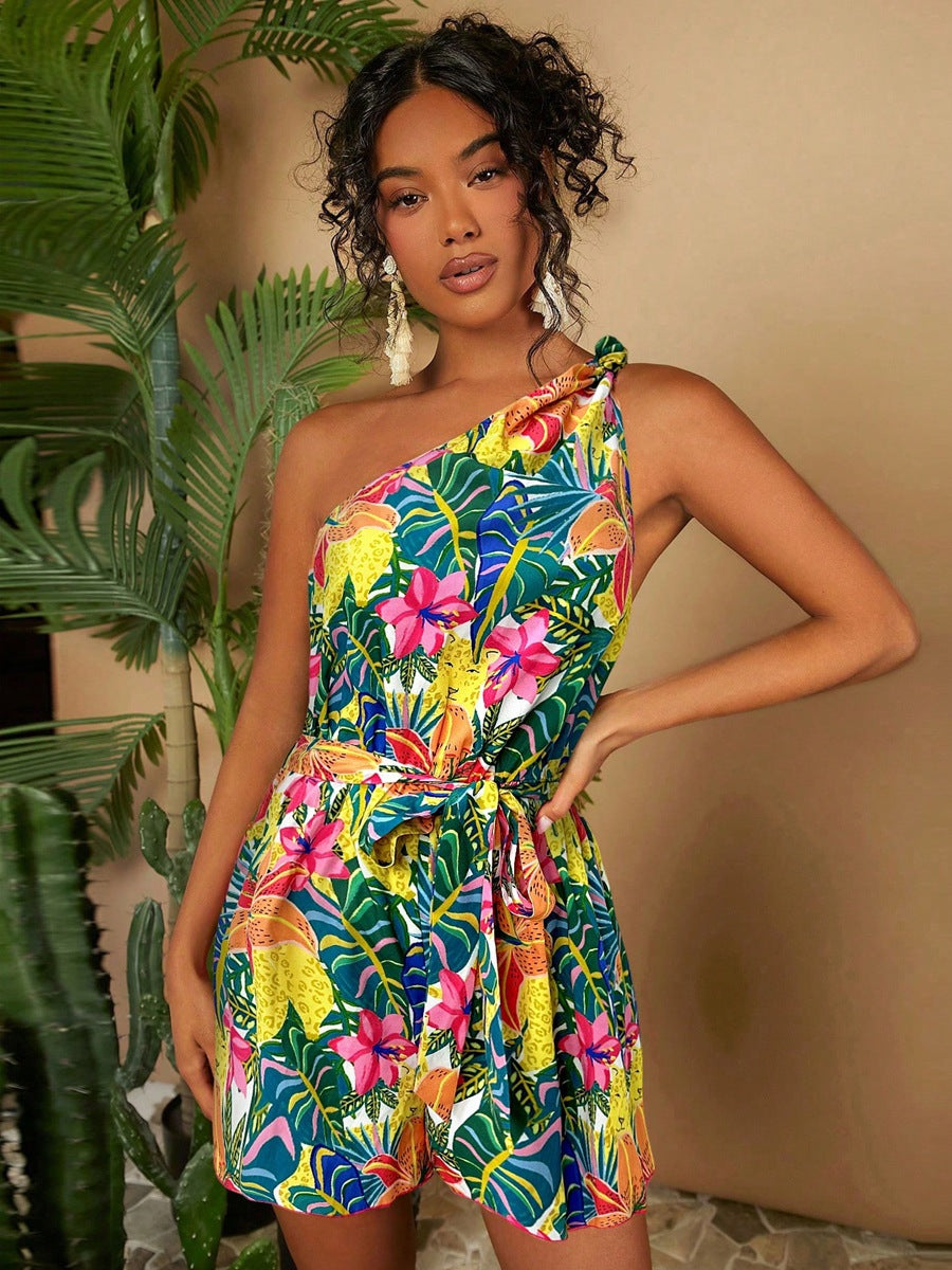 Damen Ein Schulter Playsuit mit floralem Muster und Taillengürtel Echo Archiv