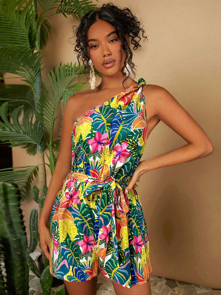 Damen Ein Schulter Playsuit mit floralem Muster und Taillengürtel Echo Archiv