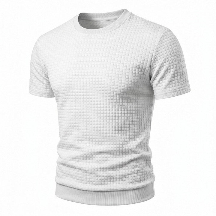 Herren nan kurzärmeliges Strickshirt mit geprägter Karostruktur, Rundhalsausschnitt und geripptem Saum Echo Archiv