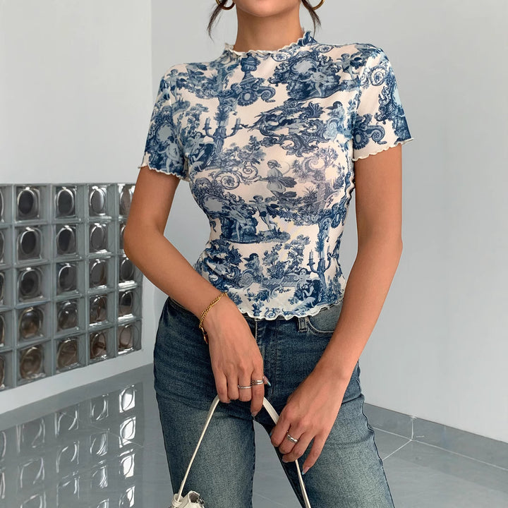 Damen nan figurbetontes kurzärmliges Netzshirt mit Stehkragen und romantischem Landhausdruck Echo Archiv