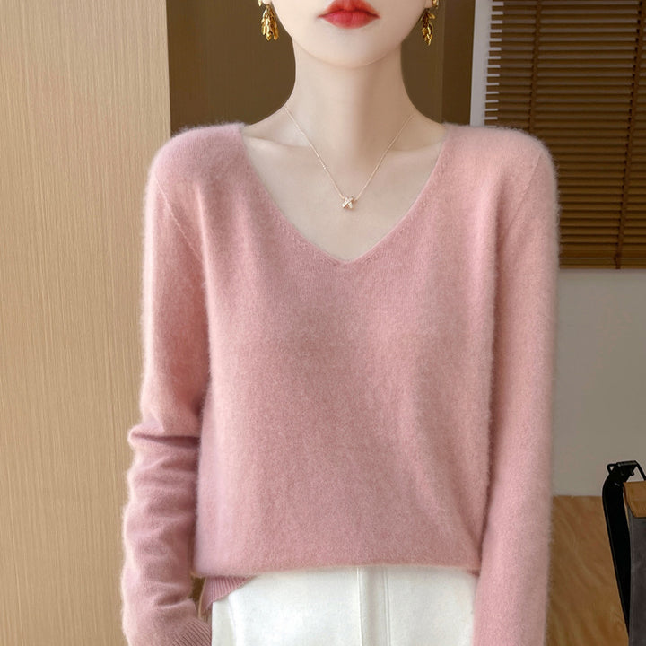 Damen Kuscheliger V‑Ausschnitt Feinstrickpullover aus Mohair‑Mix mit flauschiger Oberfläche Echoarchiv