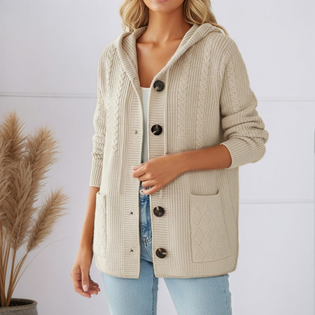 Damen nan gerippter Kapuzen-Strickcardigan mit Zopfmuster, großen Holzknöpfen und aufgesetzten Taschen Echo Archiv