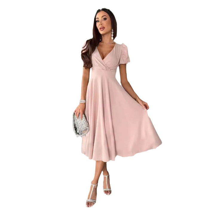 Damen A-Linie Kleid mit Puffärmeln und schmalem V-Ausschnitt – Élara