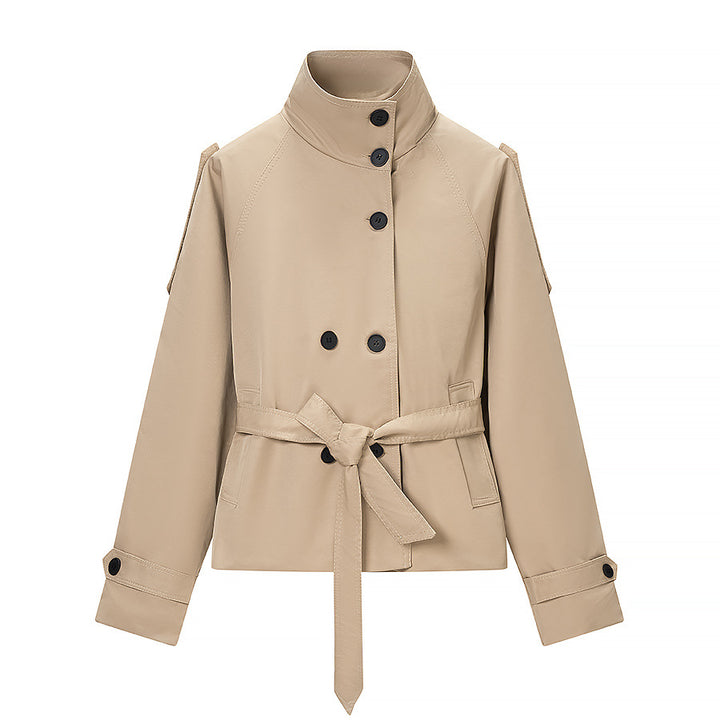 Damen Kurz geschnittener taillierter Trenchcoat mit hoher Knopfleiste und Taillengürtel Echo Archiv