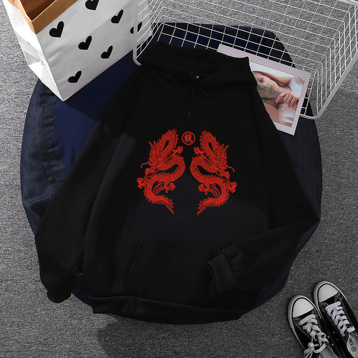 Unisex Oversize-Kapuzenpullover mit doppelseitigem Drachendesign, Kängurutasche und gerippten Bündchen – Auréline