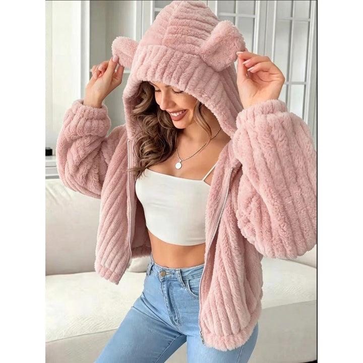 Damen Kuschelige Teddy-Kapuzenjacke mit Plüschstruktur und Kapuzenohren Echo Archiv