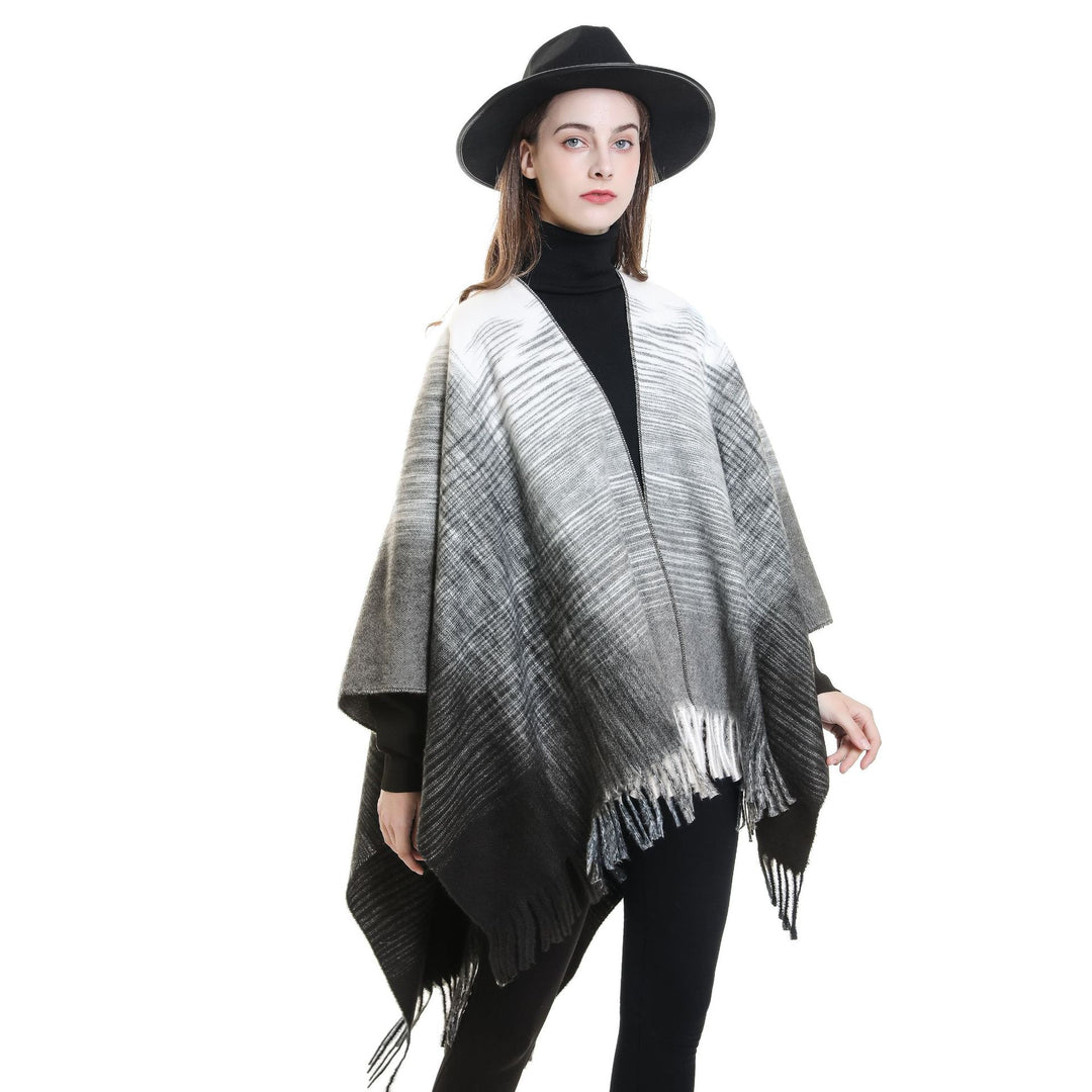 Damen Fransen‑Cape aus Wollmix mit offenem Fall und reversiblem Jacquard Echo Archiv