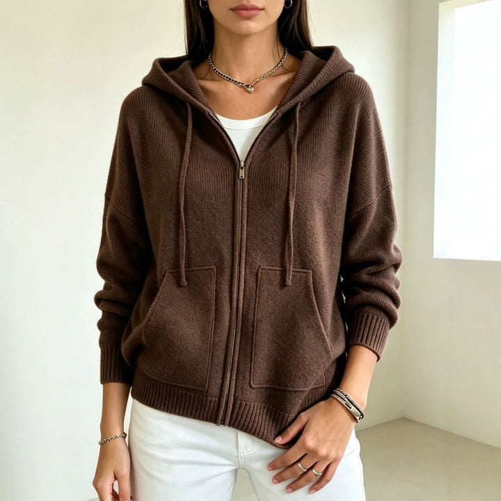 Damen Kapuzen-Wollmix Zip-Cardigan mit kastiger Passform und Kängurutaschen – Auréline